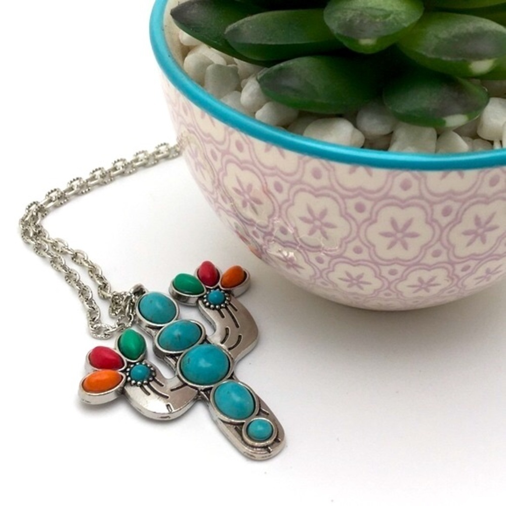 Southwest Saguaro Cactus Pendant Necklace Multi-Color Beads